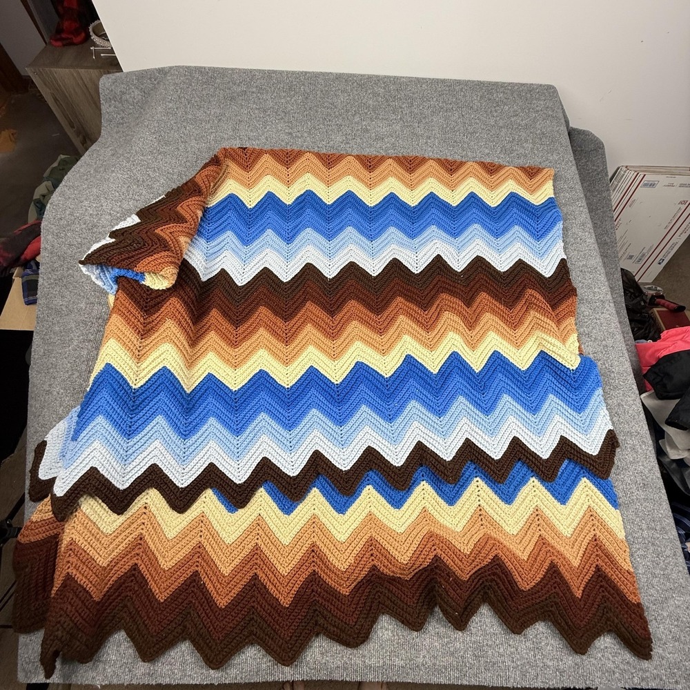Handmade Knit Throw Blanket 80x52 Chevron Brown Blue Tan Zigzag Afghan Retro
